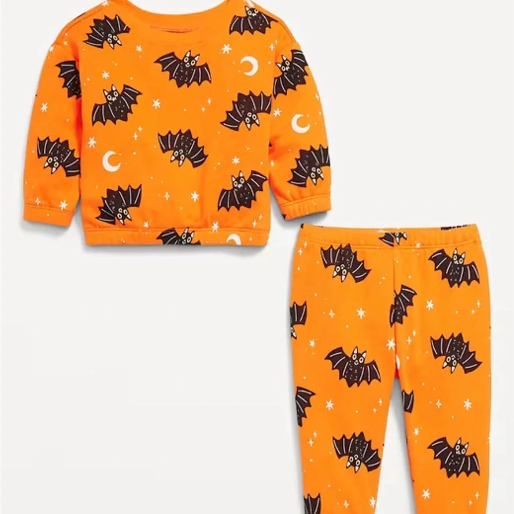 Toddler Orange and Black Halloween Bats French Terry Sweatshirt and Pants Set